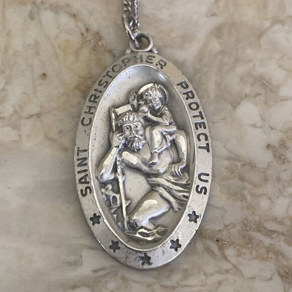 Sterling Silver St. Christopher Religious Medal 24” Sterling Silver Curb Chain - Picture 3 of 8